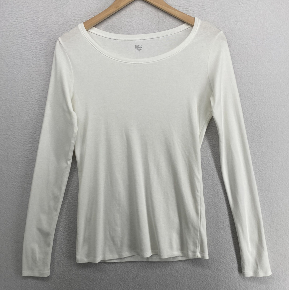 EILEEN FISHER Top XS Organic Cotton Ribbed Jersey Scoop Neck Long Sleeve White